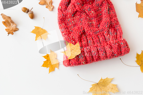 Image of hat and fallen autumn leaves on white background