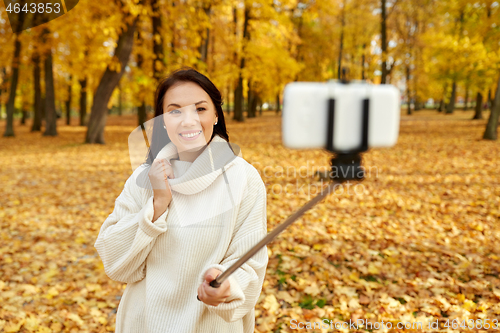 Image of woman taking selfie by smartphone at autumn park