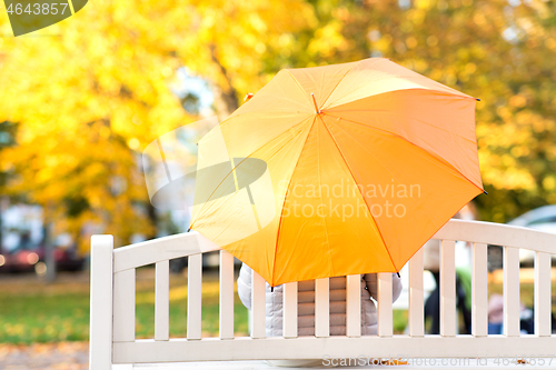 Image of woman with umbrella sits on bench in autumn park