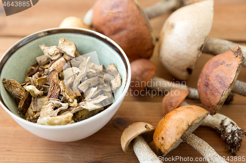 Image of dried mushrooms in bowl on wooden background