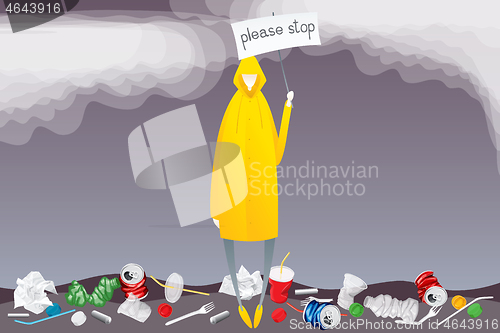 Image of Man In Yellow Raincoat With Plastic Garbage
