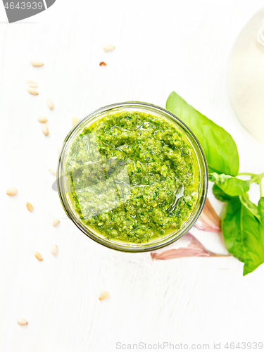 Image of Pesto in glass jar on light board top