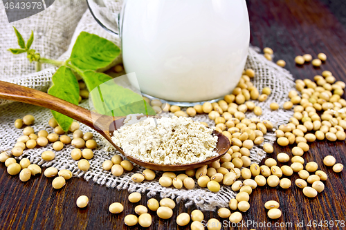 Image of Flour soy in spoon with milk on dark board