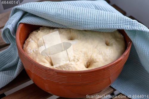 Image of leavened dough in a clay bowl