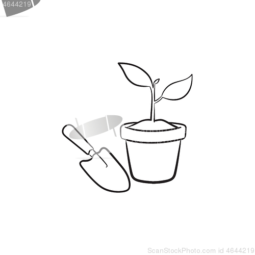 Image of Garden trowel and pot hand drawn sketch icon.