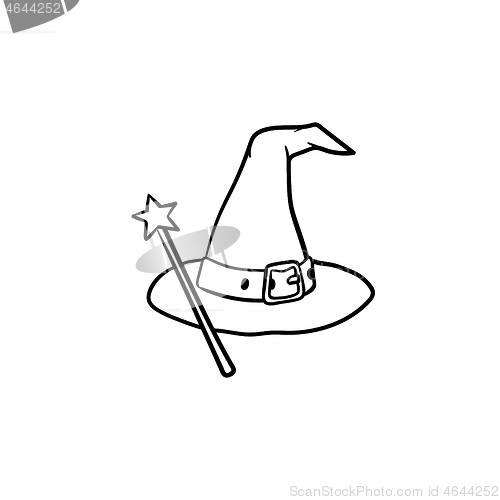 Image of Wizard hat and magic wand hand drawn sketch icon.