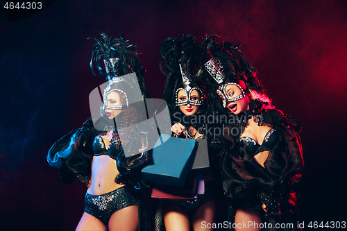 Image of young beautiful dancers posing on studio background