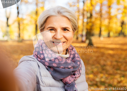 Image of senior woman taking selfie at autumn park