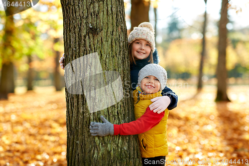 Image of happy children peeking out tree at autumn park