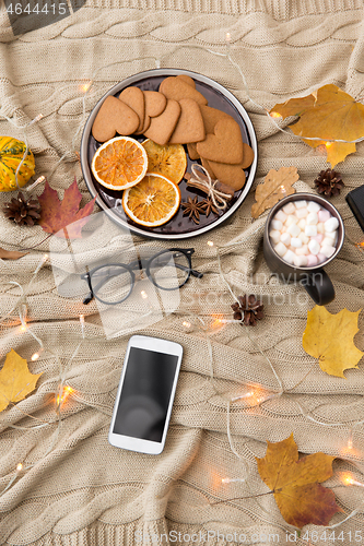 Image of smartphone, hot chocolate and autumn leaves