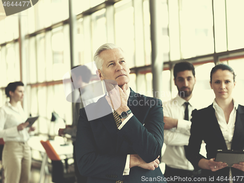 Image of portrait of senior businessman as leader  with staff in backgrou