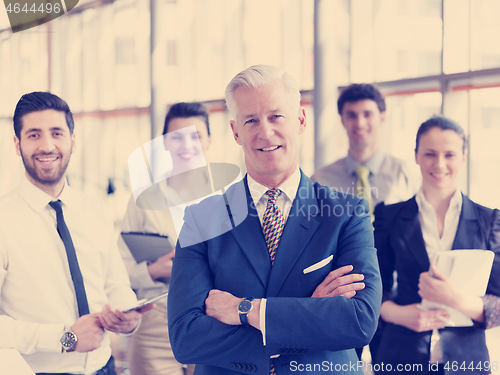 Image of portrait of senior businessman as leader  with staff in backgrou