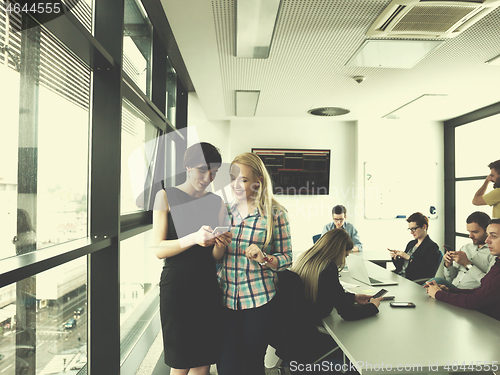 Image of Two Elegant Women Using Mobile Phone by window in office buildin