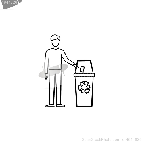 Image of Man throwing garbage in a trash bin hand drawn icon.
