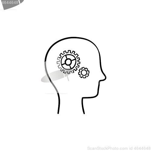 Image of Brain with gears head hand drawn sketch icon.