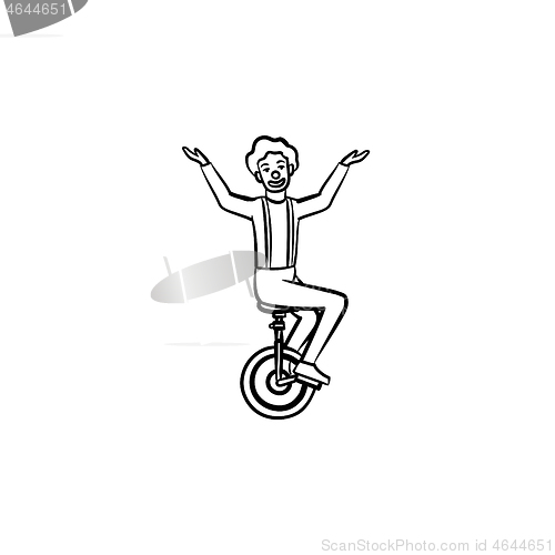 Image of Clown on one wheel bicycle hand drawn sketch icon.