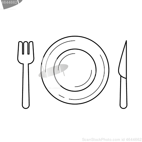 Image of Plate with fork and knife vector line icon.