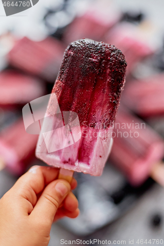 Image of Close up on kid\'s hand holding colorful blueberry fruit popsicle. Healthy summer snack concept.