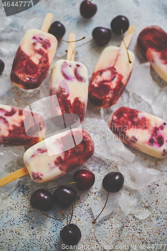 Image of Homemade Delicious Vegan Cherry Popsicles with Coconut Milk. Summer healthy food concept