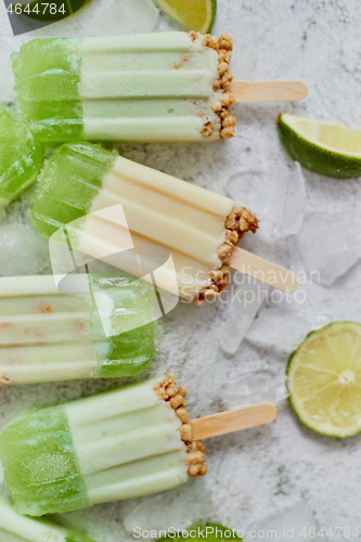 Image of Lime and cream homemade popsicles or ice creams placed with ice cubes on gray stone backdrop