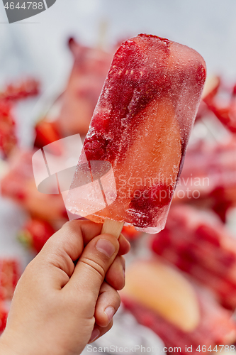 Image of Close up on kid\'s hand holding colorful red berry fruit popsicle. Healthy summer snack concept.