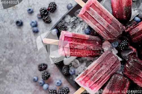 Image of Forrest fruit ice cream on stick. Homemade healthy vegan snack. Placed on plate with ice