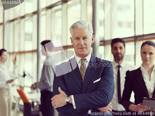 Image of portrait of senior businessman as leader  with staff in backgrou