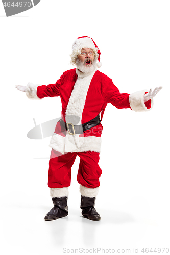 Image of Hey, hello. Holly jolly x mas festive noel. Full length of funny santa in headwear, costume