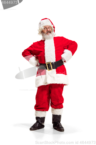 Image of Hey, hello. Holly jolly x mas festive noel. Full length of funny santa in headwear, costume