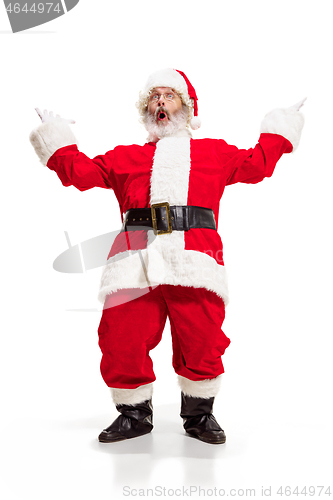 Image of Hey, hello. Holly jolly x mas festive noel. Full length of funny santa in headwear, costume