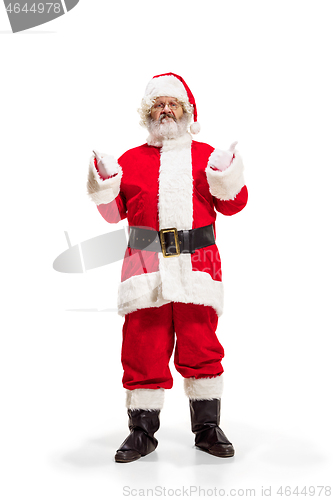 Image of Hey, hello. Holly jolly x mas festive noel. Full length of funny santa in headwear, costume