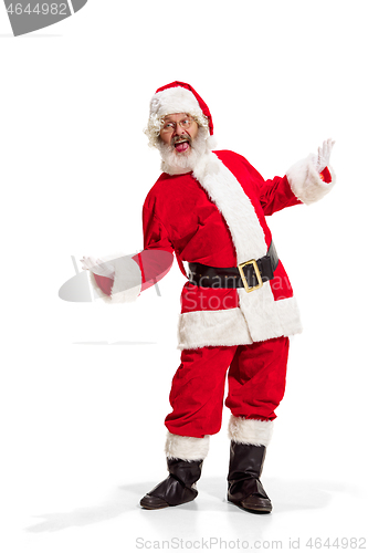 Image of Hey, hello. Holly jolly x mas festive noel. Full length of funny santa in headwear, costume