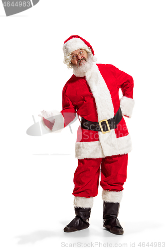 Image of Hey, hello. Holly jolly x mas festive noel. Full length of funny santa in headwear, costume