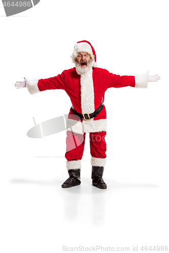 Image of Hey, hello. Holly jolly x mas festive noel. Full length of funny santa in headwear, costume