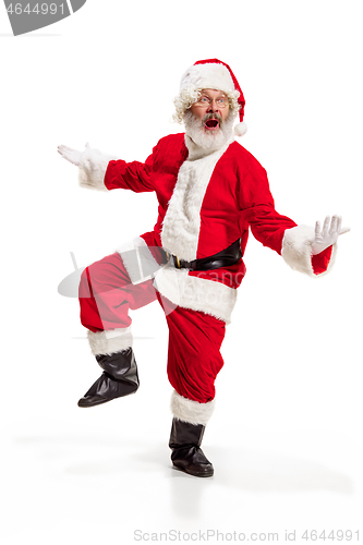 Image of Hey, hello. Holly jolly x mas festive noel. Full length of funny santa in headwear, costume