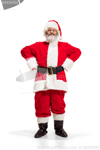 Image of Hey, hello. Holly jolly x mas festive noel. Full length of funny santa in headwear, costume