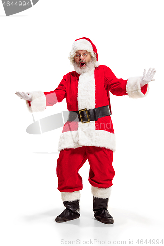 Image of Hey, hello. Holly jolly x mas festive noel. Full length of funny santa in headwear, costume