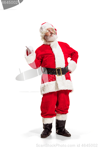 Image of Hey, hello. Holly jolly x mas festive noel. Full length of funny santa in headwear, costume