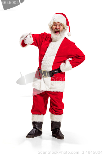 Image of Hey, hello. Holly jolly x mas festive noel. Full length of funny santa in headwear, costume