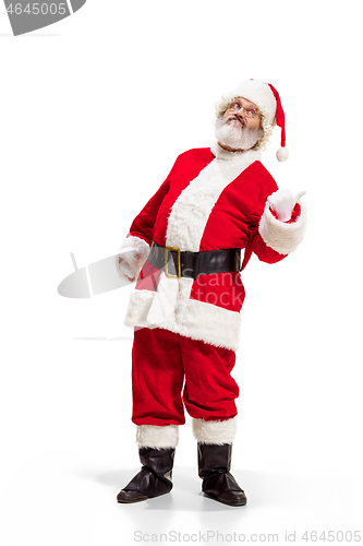 Image of Hey, hello. Holly jolly x mas festive noel. Full length of funny santa in headwear, costume