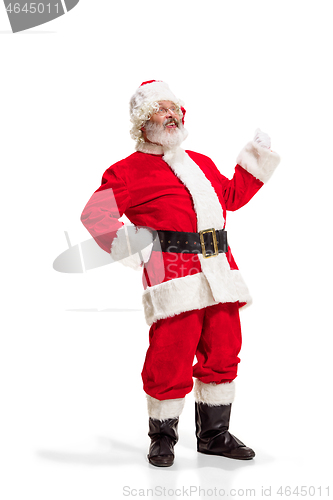 Image of Hey, hello. Holly jolly x mas festive noel. Full length of funny santa in headwear, costume