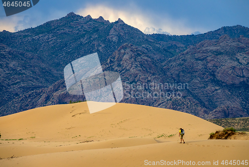 Image of Traveler in desert dunes in mountains