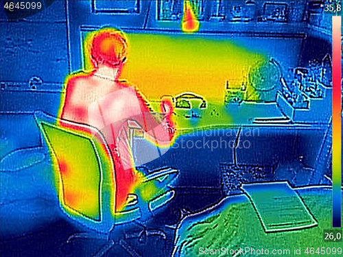 Image of Thermal image Young Girl using laptop on a home