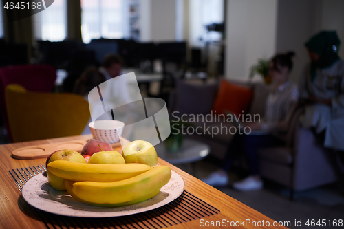 Image of a bowl of fresh fruits at modern startup office