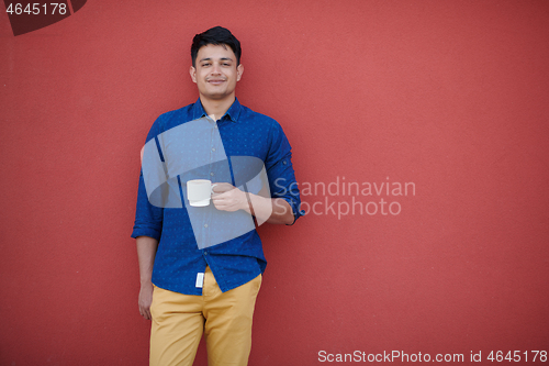 Image of portrait of casual indian businessman in front of pink wall