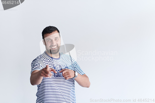Image of portrait of casual startup businessman pointing at camera with f
