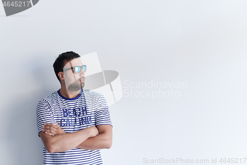 Image of portrait of casual startup businessman wearing sunglasses