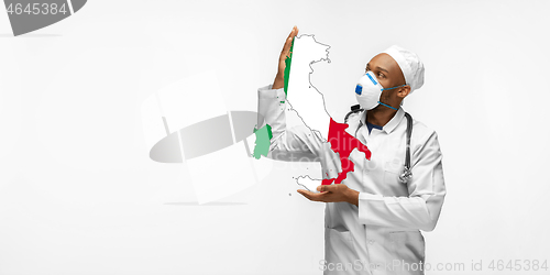 Image of Beautiful african-american doctor cares about Italy isolated over white studio background