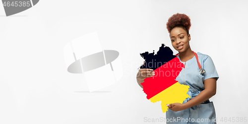 Image of Beautiful african-american doctor cares about Germany isolated over white studio background