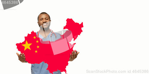 Image of Beautiful african-american doctor cares about China isolated over white studio background